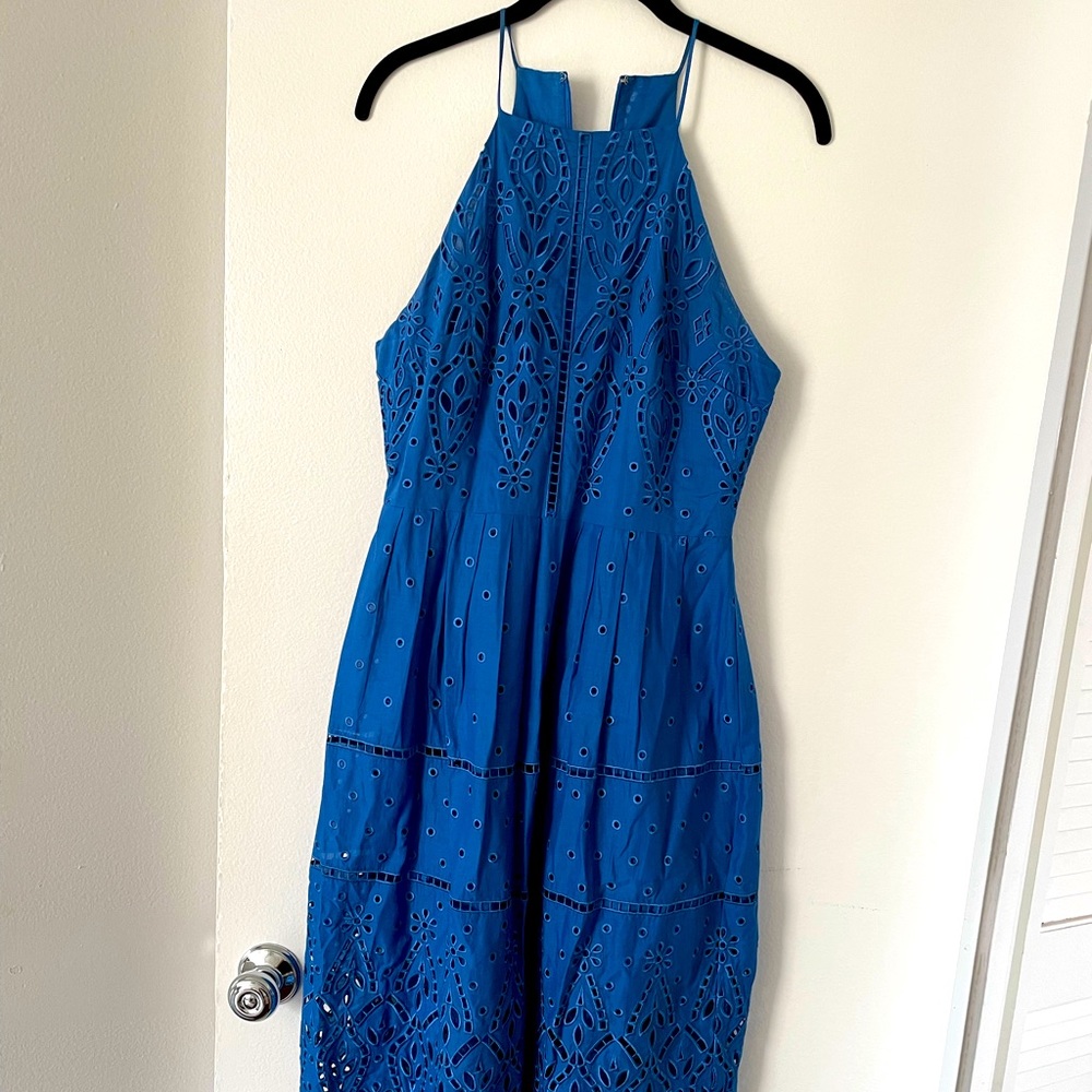 Parker: medium blue eyelet midi dress.